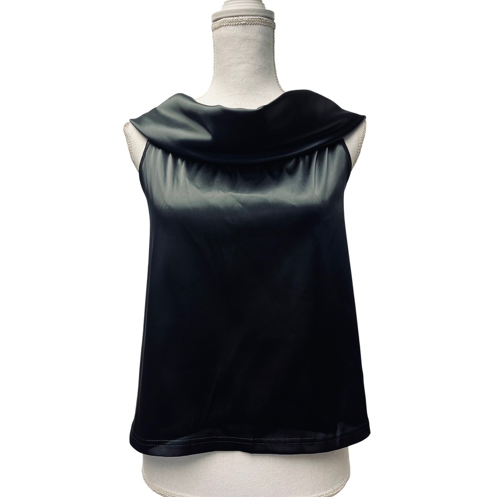 SHEIN Satin Cowl Neck Top M Black Sleek Draped Back Whimsigoth Silky Date Night
